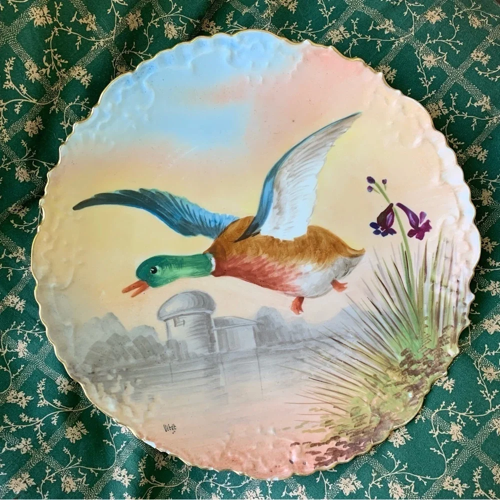 Antique Limoges France LRL Duck in Flight Plate Game Bird Signed Vitec